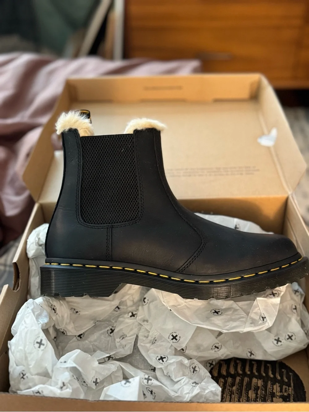 Dr. Martens Black Leather Chelsea Ankle Boots with Cream Fur Lining